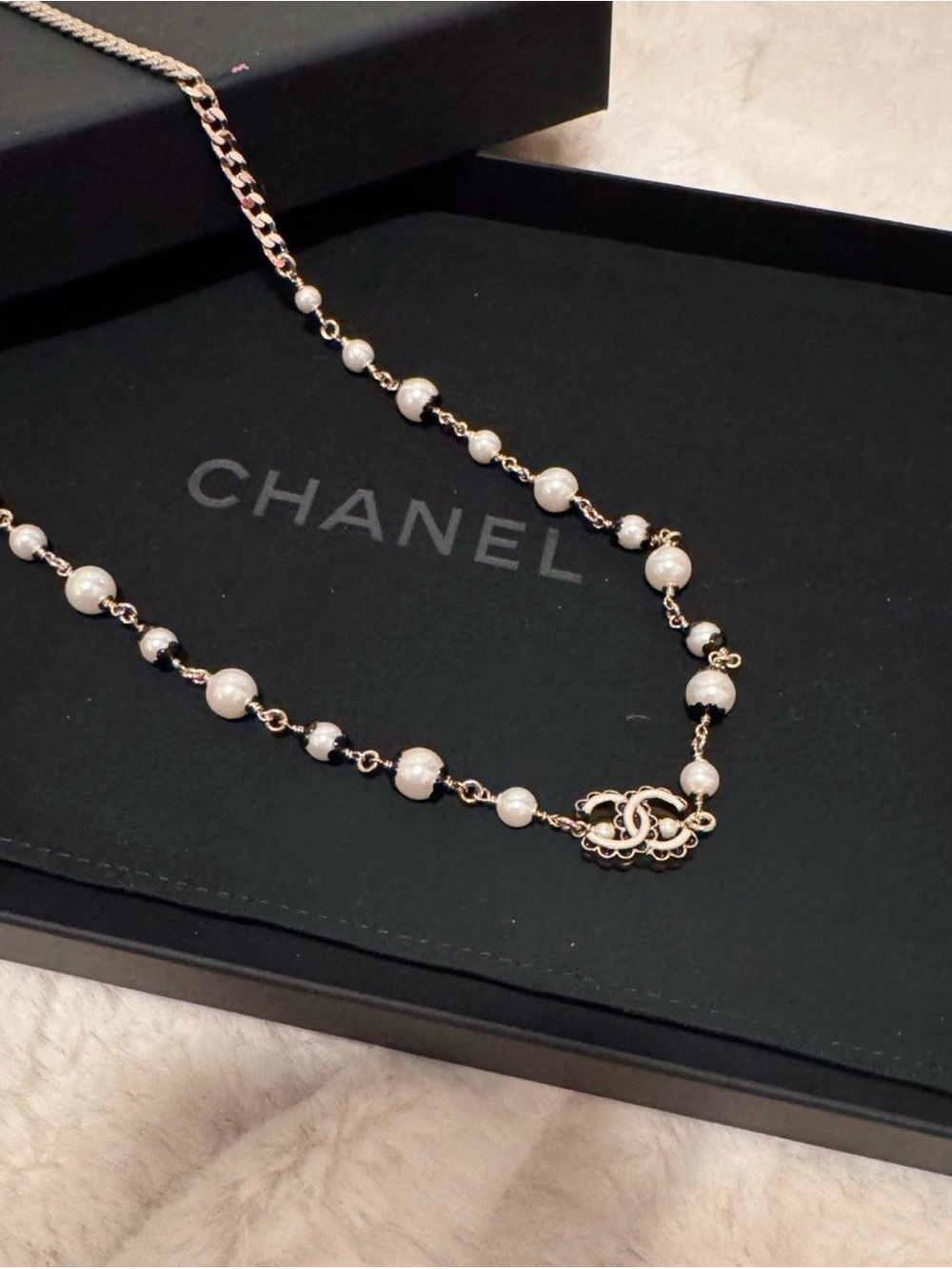 Chanel Pearl and Black Beads CC Baroque Necklace